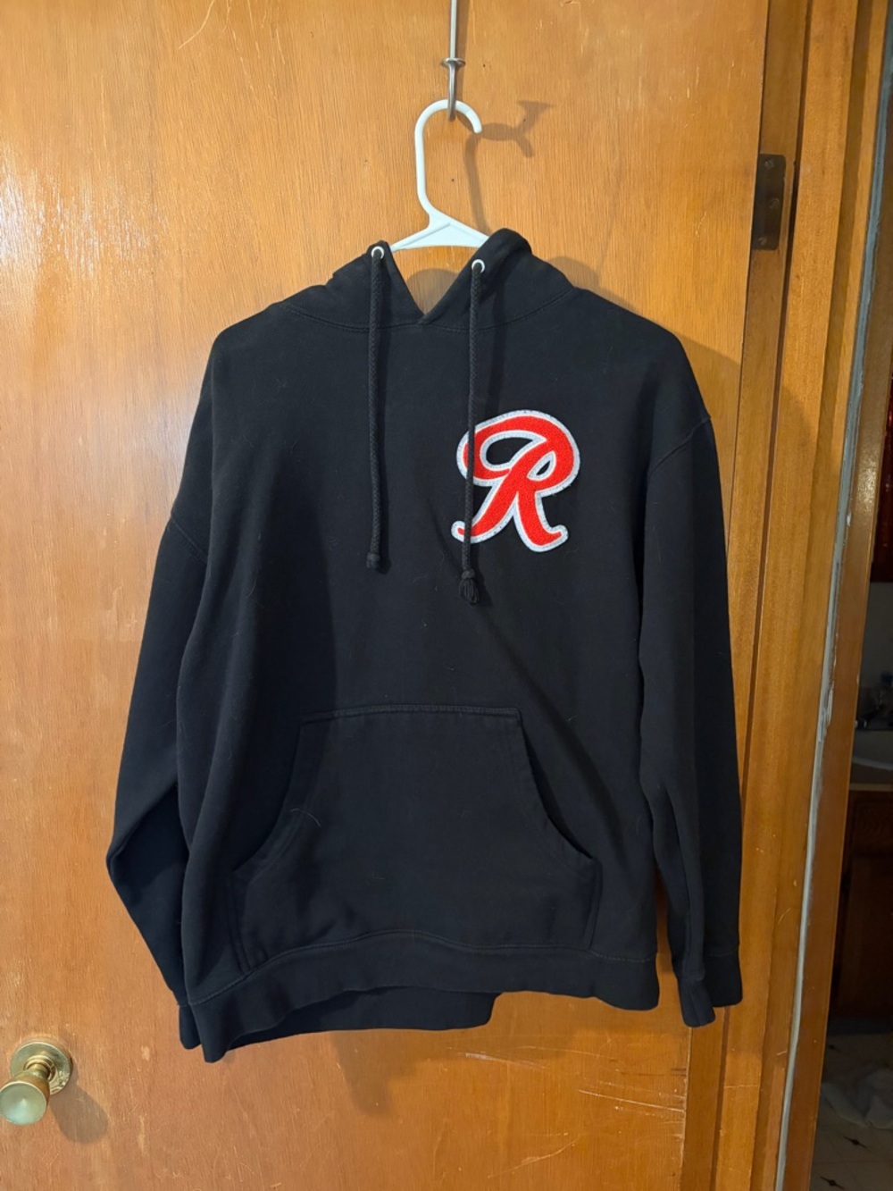 Black Hoodie with Red 'R' Chest Patch - Classic Pullover